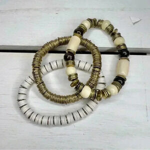 Noonday Collection 3 Stretch Bracelets Gold Tone, Black, Cream & White Beads